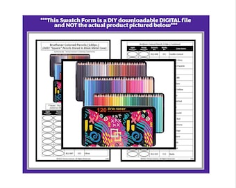 May include: A digital swatch form for Brutfuner colored pencils featuring a black metal case with a colorful abstract pattern, 120 pencil count, and organized tables for light and heavy pressure testing with columns for media IDs and color names.
