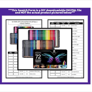 Puede incluir: Un formulario de muestra de color digital para lápices de colores SJ STAR-JOY 72, que presenta una tabla imprimible con columnas para presión ligera y fuerte, nombres de colores y números de medios. Incluye una imagen de la caja del producto.