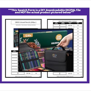 Puede incluir: Un formulario de muestra imprimible para 200 lápices de colores. El formulario incluye una tabla de colores con muestras numeradas y espacio para muestras de presión ligera, media y fuerte. La imagen también muestra una funda de transporte negra con un juego de lápices de colores en su interior.