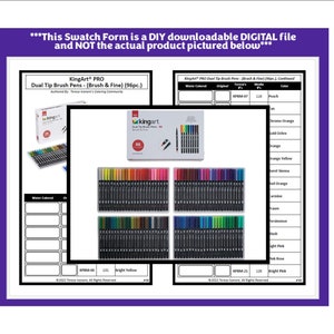 May include: A digital swatch form for KingArt PRO Dual Tip Brush Pens featuring a 96-piece set. The document includes a product box image, four trays of colored markers, and a table with columns for water colored, original, media, and color names.