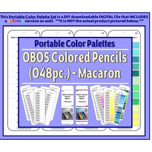 May include: A digital file for a portable color palette set featuring OBOS Colored Pencils 048pc. Macaron. The image displays multiple vertical cards with color swatches, text labels, and small product images of pencil sets on a light purple background.