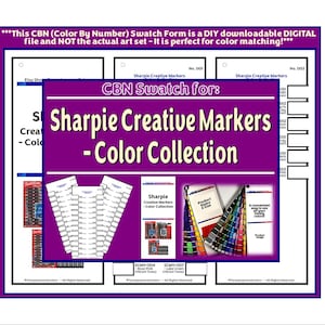 以下が含まれることがあります： Sharpie Creative Markers用のデジタルスウォッチフォーム。紫色のヘッダーに「CBN Swatch for: Sharpie Creative Markers - Color Collection」というテキストが記載されています。文書には、色をテストするための番号付きスロットを備えた白いテンプレートが含まれています。