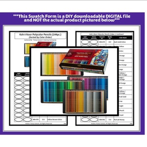 Op de afbeelding: Een printbaar kleurstaalformulier voor 144 Koh-I-Noor Polycolor-potloden. Het formulier bevat een kleurenkaart met het potloodnummer en de kleurnaam, en een ruimte om elk potlood te swatchen. De afbeelding toont een doos Koh-I-Noor Polycolor-potloden.