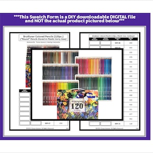 Puede incluir: Un formulario de muestra imprimible para 120 lápices de colores. El formulario incluye una tabla de colores con el número del lápiz y el nombre del color. La imagen también muestra un juego de lápices de colores Brutfuner en un estuche de transporte de plástico.