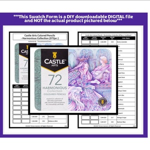 以下が含まれることがあります： 72色のCastle Arts Harmonious Collectionカラーペンシルが入った缶。缶は銀色で、青と緑のデザイン。缶には「Castle Arts 72 Harmonious Collection Colored Pencils」と書いてある。