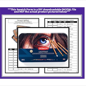 May include: A blue and silver tin of Derwent Lightfast coloured pencils. The tin features a picture of an eye. The pencils are arranged in a row on top of the tin. The text "Derwent Lightfast" is printed on the tin.