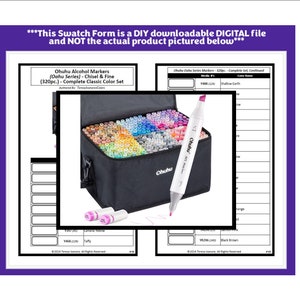 May include: A digital swatch form document for Ohuhu Alcohol Markers, featuring a black carrying case filled with numerous colorful markers, a single white marker with a pink cap in the foreground, and text detailing the 320-piece set.