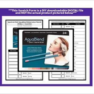 May include: A digital swatch form for Spectrum Noir AquaBlend watercolour pencils featuring a product image of 24 pencils with a portrait illustration, alongside organized tables with columns for water coloured, dry, item numbers, and color names.