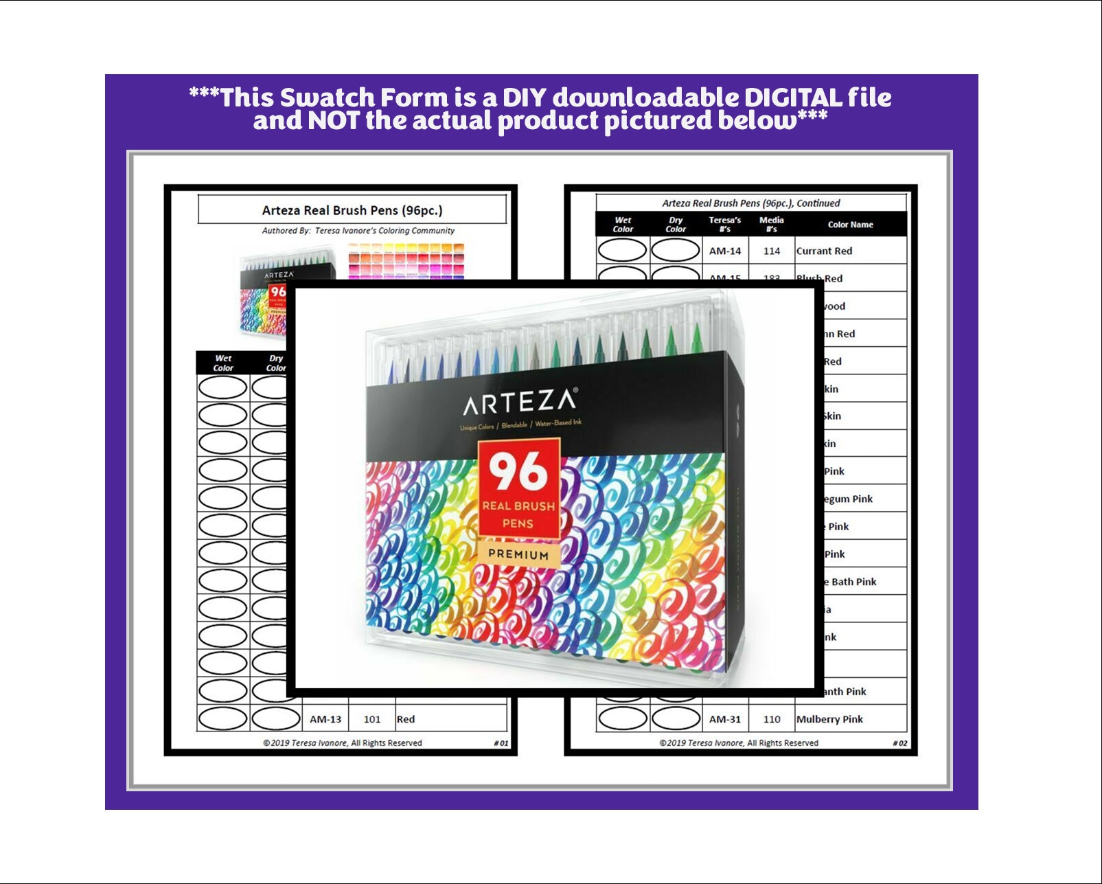 Arteza Real Brush Pens Set of 96 Colors Swatch Template DIY Single