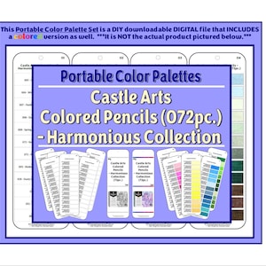 以下が含まれることがあります： ポータブルカラーパレットセットのデジタルファイル。画像には、テキスト「ポータブルカラーパレット、キャッスルアーツ、色鉛筆（72個）-ハーモニアスコレクション」が表示された青いフレームがあります。