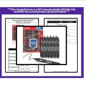 Puede incluir: Un formulario de muestra digital para 12 marcadores creativos Sharpie en tonos tierra. Los marcadores son de punta de bala y tienen una variedad de colores, incluyendo morado, azul, verde y marrón. El formulario incluye un espacio para muestrear cada color y una sección para el nombre y el número del color.