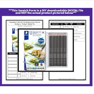 May include: A metal tin of Staedtler 146 10T-G2 Watercolour Pencils (012pc.) - Tinted. The tin is silver with a black label that says "Tinted watercolour pencils". The tin is open and the pencils are visible. The pencils are black with a silver band around the middle. The tin is sitting on a white background.