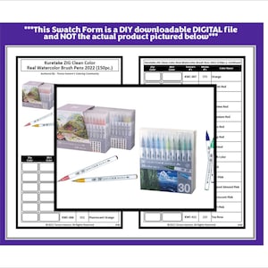 Op de afbeelding: Een printbaar kleurstaalformulier voor Kuretake ZIG Clean Color Real Watercolor Brush Pens 2022. Het formulier bevat een kleurenkaart met 150 kleuren, een droog kleurstaalgebied en een nat kleurstaalgebied. Het formulier is een digitale download en niet het afgebeelde product.