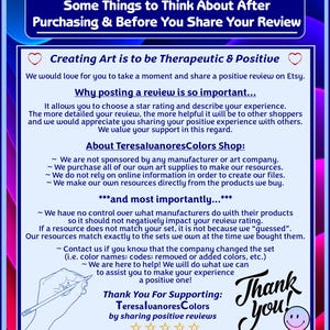 May include: A rectangular informational sign with a light blue background and dark blue border. The text reads: Some Things to Think About After Purchasing & Before You Share Your Review, Creating Art is to be Therapeutic & Positive, Why posting a review is so important, About TeresalvanoresColors Shop, and most importantly, Thank You For Supporting: TeresalvanoresColors by sharing positive reviews.