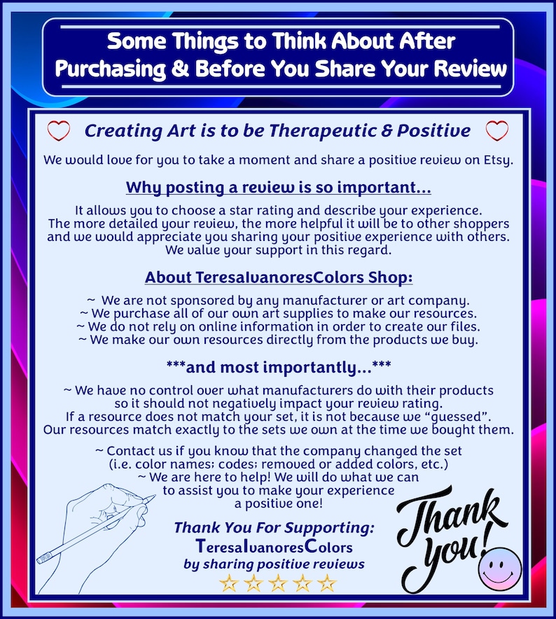 May include: A rectangular informational sign with a light blue background and dark blue border. The text reads: Some Things to Think About After Purchasing & Before You Share Your Review, Creating Art is to be Therapeutic & Positive, Why posting a review is so important, About TeresalvanoresColors Shop, and most importantly, Thank You For Supporting: TeresalvanoresColors by sharing positive reviews.