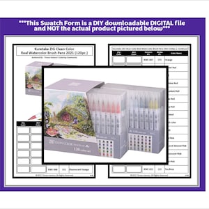 Puede incluir: Un conjunto de 120 rotuladores de pincel acuarela Kuretake ZIG Clean Color Real en una caja de plástico transparente. Los rotuladores están dispuestos en filas y columnas, con los nombres y números de los colores impresos en el lateral de la caja. La caja está etiquetada con "CLEAN COLOR 120 color set".