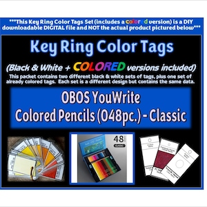 Pode incluir: Um arquivo digital para etiquetas de cor para chaveiros com versões em preto e branco e coloridas para lápis de cor clássicos OBOS YouWrite de 48 peças. A imagem mostra texto, um leque de amostras de cor e modelos de etiquetas.