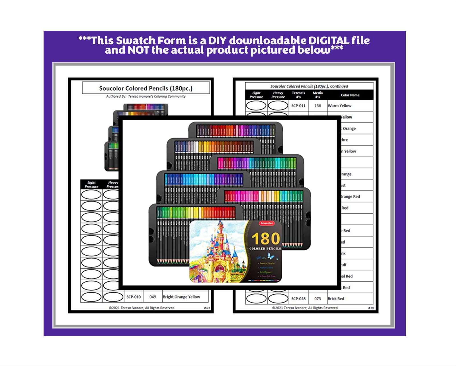 Soucolor 72 Colored Pencils Color Chart Swatch Prefilled W/ Numbers Artist  Reference Printable Adult Coloring Resource PDF 2 Pages 