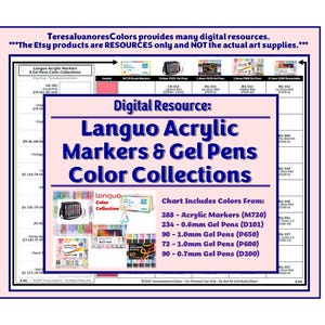 Peut inclure: Une ressource numérique présentant les collections de couleurs des marqueurs acryliques et des stylos gel Languo. Le tableau comprend les couleurs de 288 marqueurs acryliques, 234 stylos gel 0,6 mm, 90 stylos gel 1,0 mm, 72 stylos gel 1,0 mm et 90 stylos gel 0,7 mm.
