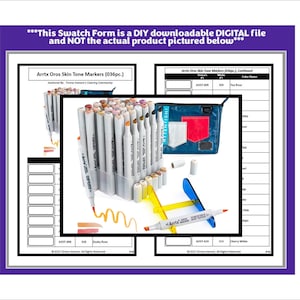 Puede incluir: Un conjunto de 36 marcadores de tono de piel en un contenedor de plástico transparente. Los marcadores están dispuestos en forma de arcoíris, con los tonos más claros en la parte superior y los tonos más oscuros en la parte inferior. Los marcadores están etiquetados con sus nombres de color y números. La imagen también incluye un formulario de muestra con una tabla de colores y una pequeña bolsa azul.