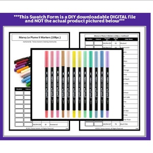May include: A digital swatch form for Marvy Le Plume II markers featuring a grid layout with columns for doodling and color names. The document includes a central image of eleven dual-tip markers in various colors, labeled with the text Marvy 1122.
