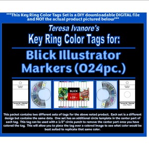 Op de afbeelding: Een digitale download voor sleutelhanger kleurlabels voor Blick Illustrator Markers. De afbeelding toont drie voorbeelden van de labels, waaronder een set van 24 markers, een kleurencirkel en een blanco label. De tekst "Blick Illustrator Markers (024pc.)" wordt weergegeven in grote, vetgedrukte letters.