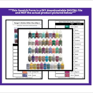 Peut inclure: Un formulaire d'échantillonnage numérique pour la colle à paillettes Ranger's Stickles présentant une grille de 60 flacons de colle colorés. Le document comprend des étiquettes de texte pour les noms de couleurs et les codes produits.
