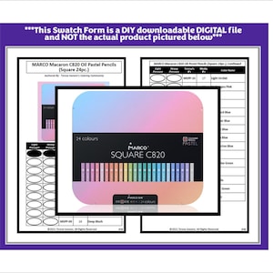 Puede incluir: Un formulario de muestra imprimible para 24 lápices de pastel al óleo. El formulario incluye una tabla de colores con muestras para cada color, así como el nombre y el número del color. El formulario está diseñado para ser utilizado con los lápices de pastel al óleo Marco Macaron C820 (cuadrados 24 piezas).