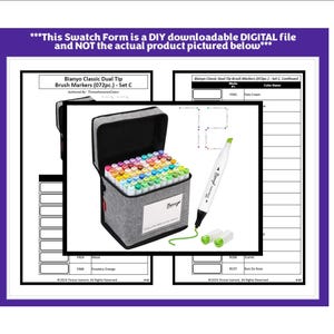 Könnte beinhalten: Ein graues Stoffetui mit farbenfrohen Dual-Tip-Pinselmarkern. Das Etui ist geöffnet und zeigt die Marker mit verschiedenen farbigen Kappen. Ein einzelner Marker und zwei Ersatzspitzen werden neben dem Etui angezeigt. Der Text auf dem Bild lautet: "This Swatch Form is a DIY downloadable DIGITAL file and NOT the actual product pictured below."