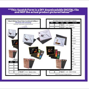May include: A digital swatch form for Black Widow pencil sets featuring a table with columns for light and heavy pressure, media numbers, and color names. The image displays multiple pencil tins with scorpion, spider, cobra, and dragon illustrations.