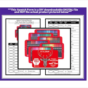 Pode incluir: Um formulário digital de amostras de cores com uma grade para testar cores, exibido ao lado de uma pilha de latas de metal vermelhas rotuladas como Kalour Colored Pencils 180pc com um gráfico de veado. O texto indica ser um arquivo digital.