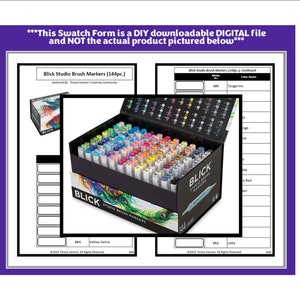 May include: A printable swatch form for Blick Studio Brush Markers. The form includes a color chart with 144 color swatches and space to write the color name. The form is a digital download and does not include the actual markers.