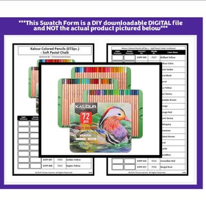 Op de afbeelding: Een afdrukbaar kleurstaalformulier voor 72 zachte pastelkrijtkleurpotloden. Het formulier bevat een kleurenkaart met de naam van elke kleur en een ruimte om de kleur te swatchen. Het formulier bevat ook een afbeelding van een mandarijneend.