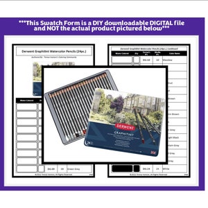 May include: A set of 24 Derwent Graphitint Watercolor Pencils in a tin box. The pencils are arranged in a grid pattern and are labeled with their color names and numbers. The box is blue and white with the Derwent logo and the words "Graphitint Watercolor Pencils" printed on it.