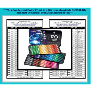 Puede incluir: Una tabla de colores para 120 lápices de colores, ordenados alfabéticamente por nombre de color. La tabla muestra el nombre del color, el número y el color del lápiz correspondiente. La tabla es una descarga digital, no el producto real que se muestra.