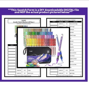 Pode incluir: Um formulário digital de amostras para marcadores acrílicos JusArt, apresentando um conjunto de 72 marcadores num estojo preto com gráfico de montanha, um marcador roxo a desenhar uma linha e uma tabela com nomes e códigos de cores.