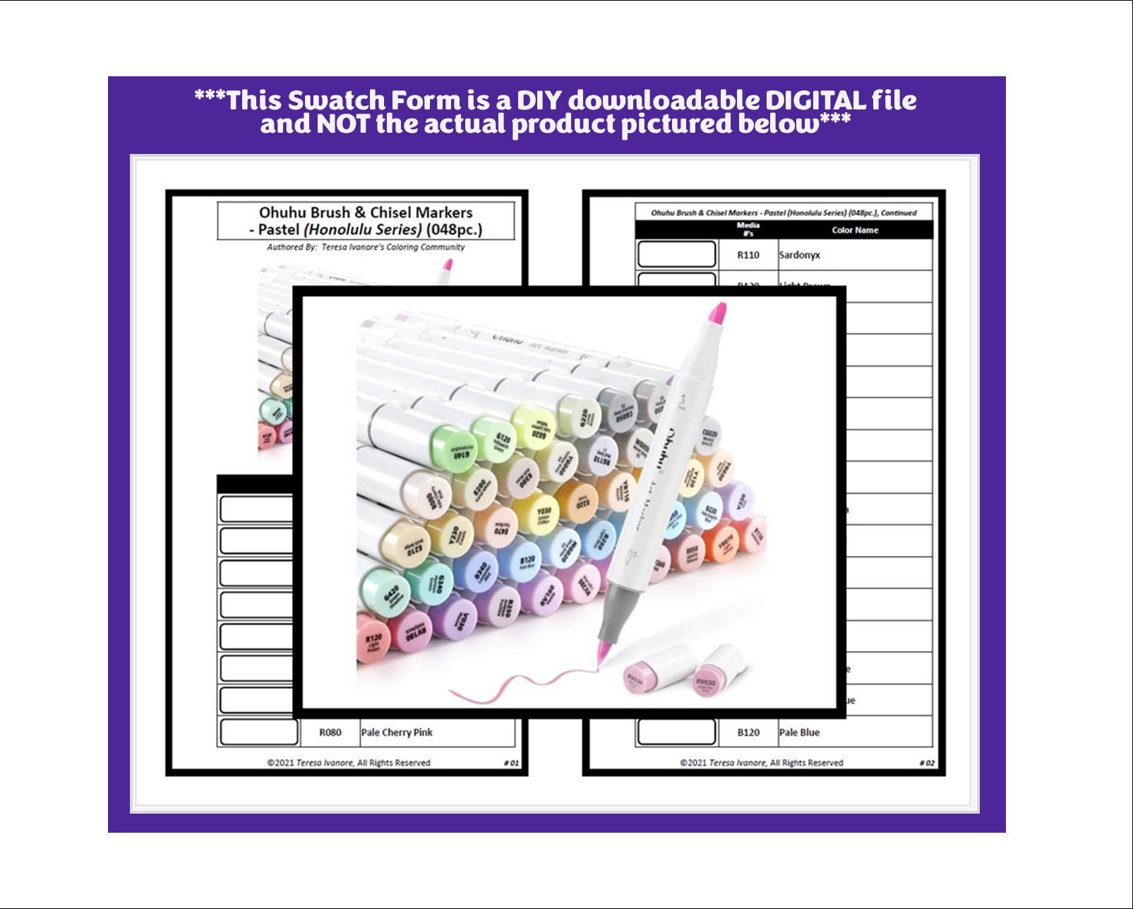 Ohuhu Honolulu 48 Colors Pastel Markers Swatch Template DIY Single Page  Color Swatch Printable Digital PDF Template Instant Download 