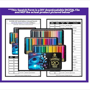 Puede incluir: Un formulario de muestras digital para 120 lápices de colores SJ STAR-JOY Gold Edition. La imagen muestra una tabla con columnas para presión ligera y fuerte, números de medio y nombres de color, junto a una lata negra con un gráfico espacial.