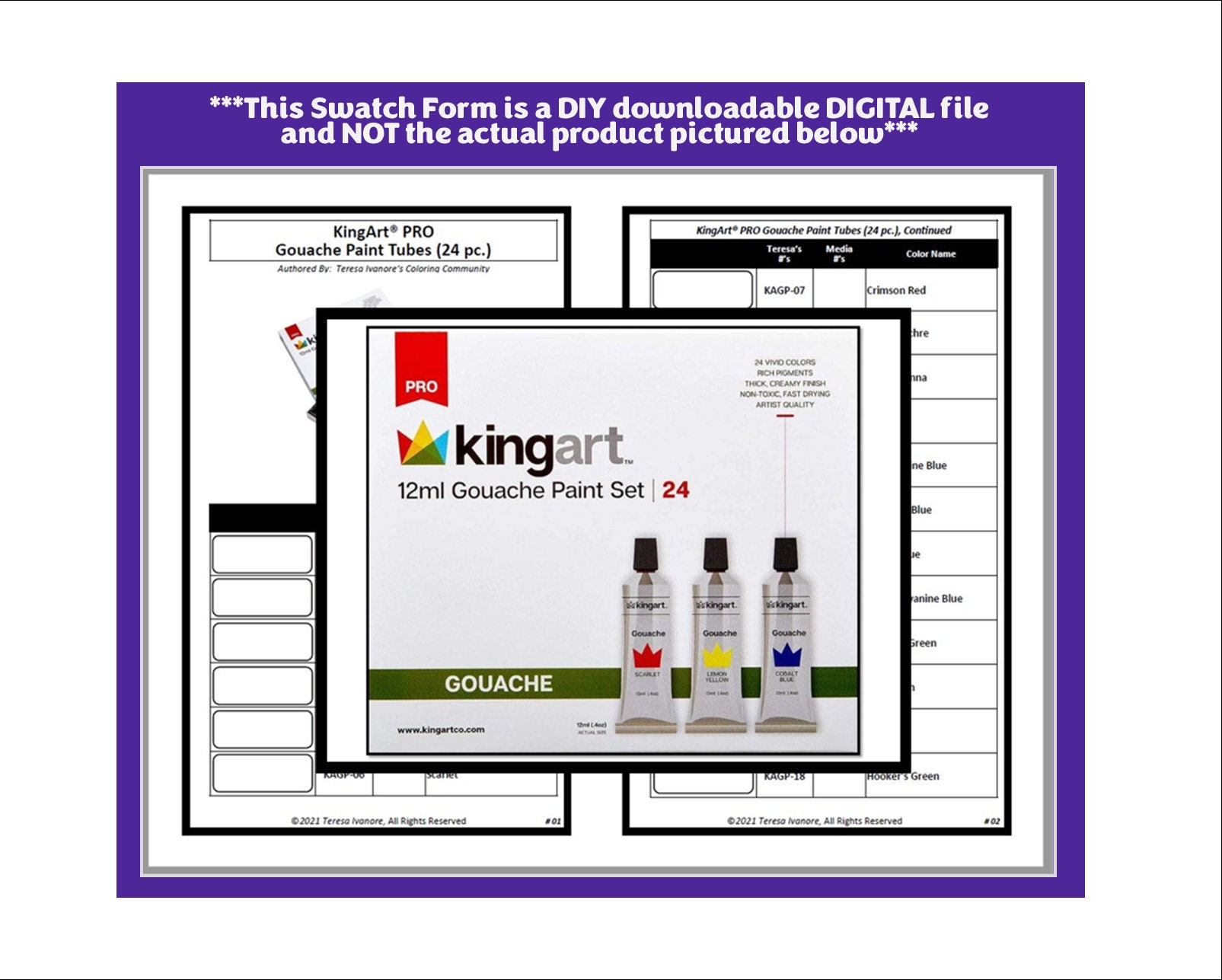 Swatch Form: Kingart® PRO Gouache Paint Tubes 24pc. 