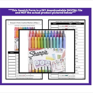 以下が含まれることがあります： Sharpie S-Noteクリエイティブマーカー36本セット用のデジタルスウォッチフォーム。チゼルチップマーカーのセット画像と、色名やコードを記入する表が含まれています。これはダウンロード可能なデジタルファイルであり、実際の製品ではない旨のテキストが記載されています。
