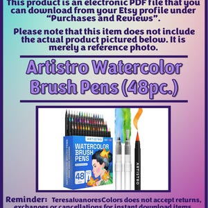 May include: A set of 48 Artistro Watercolor Brush Pens. The pens are in a clear plastic case with a colorful design. The case has a label that says "Artistro Watercolor Brush Pens 48".