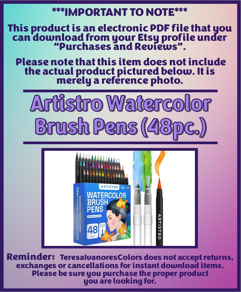 May include: A set of 48 Artistro Watercolor Brush Pens. The pens are in a clear plastic case with a colorful design. The case has a label that says "Artistro Watercolor Brush Pens 48".