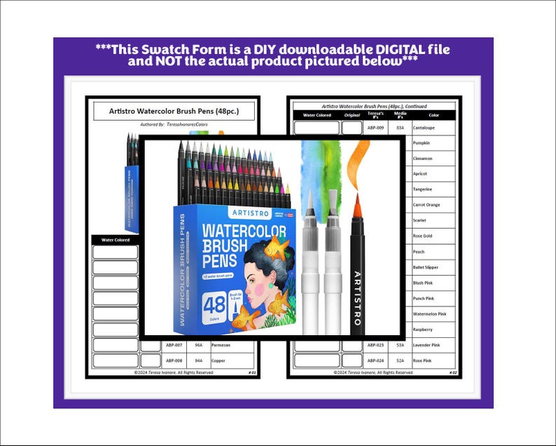 May include: A set of 48 Artistro Watercolor Brush Pens in a black box with a colorful illustration of a woman and a fish. The box has the text "Artistro Watercolor Brush Pens" and "48 Colors" on it. The pens are arranged in rows and are labeled with their color names.