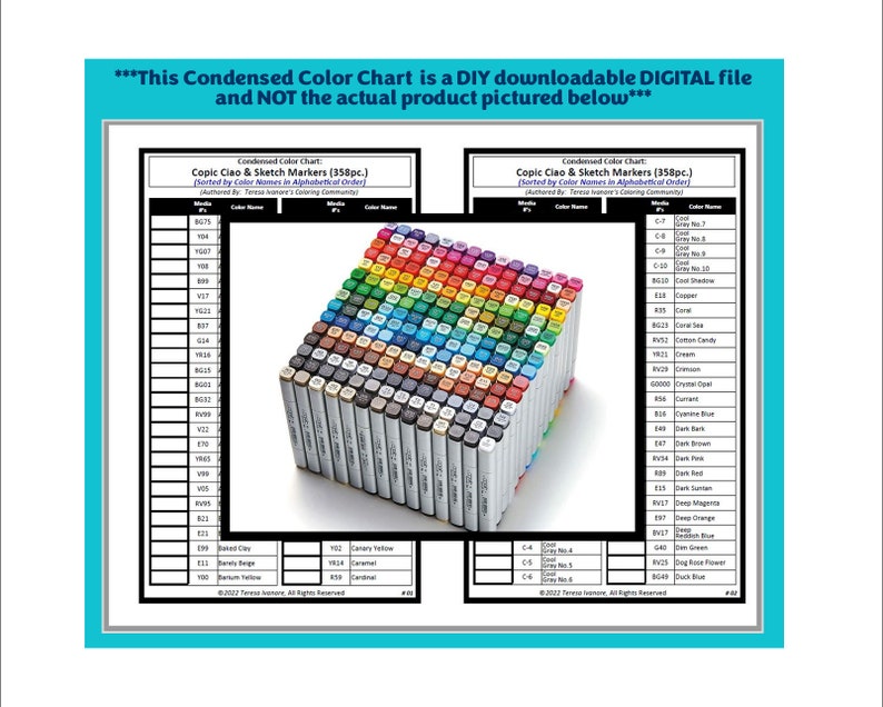 Condense Color Condensed Chart: Copic Sketch Markers (358pc.) (black & White Version ...