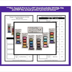 Peut inclure: Un formulaire d'échantillons imprimable pour les mini-kits d'encre Distress Archival de Ranger's Tim Holtz. Le formulaire comprend une grille pour les échantillons de couleurs et une liste des couleurs d'encre avec leurs numéros correspondants. L'image montre également un gros plan des tampons d'encre.