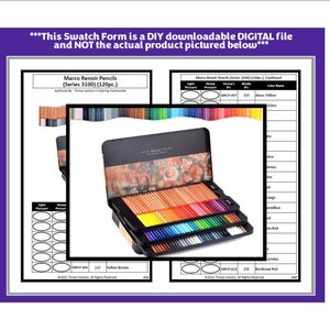 May include: A digital swatch form for Marco Renoir pencils featuring a table with columns for light pressure, heavy pressure, Teresa's numbers, media numbers, and color names, alongside an image of a multi-tiered black tin filled with colored pencils.