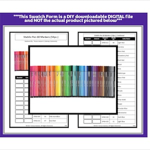 May include: A digital swatch form for Stabilo Pen 68 markers featuring a grid layout with columns for doodled, coloured, and colour names. A central image displays a row of 54 colourful markers arranged in a spectrum from red to grey.