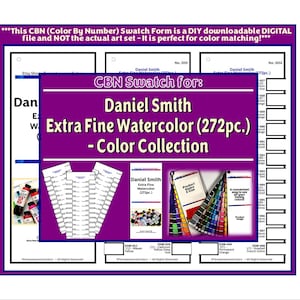 May include: A digital swatch form for Daniel Smith Extra Fine Watercolor 272pc. color collection. The purple graphic features white text, including the title, and displays multiple white paper templates with slots for paint samples and labels.