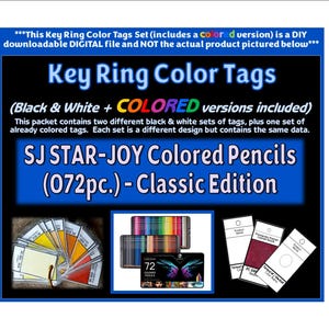 Puede incluir: Un archivo digital para etiquetas de color para llaveros de los lápices de colores SJ STAR-JOY 072pc. Classic Edition. La imagen muestra texto, un abanico de muestras amarillas y naranjas, una caja de lápices y tres etiquetas rectangulares.
