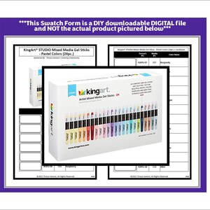 May include: A box of 24 pastel colored KingArt® Studio Mixed Media Gel Sticks. The box is white with a blue and yellow logo. The gel sticks are arranged in rows and are labeled with their colors.